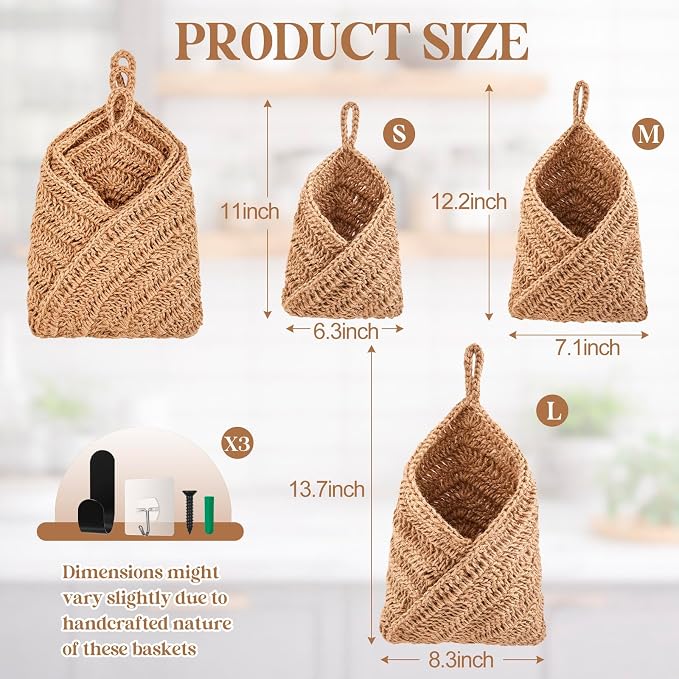 3 Hanging Baskets,Linen,Triangle,Jute | Wicker Wall Baskets with Hooks for Fruit Vegetable Onion Storage, Teardrop Organizer for Kitchen, Boho Farmhouse Decor