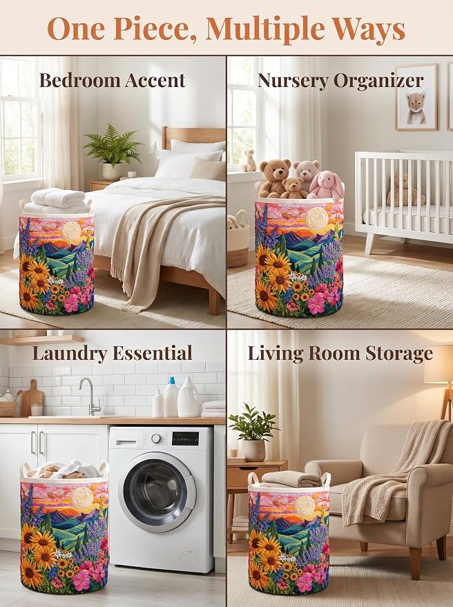 Quilted Laundry Basket with Handles, Boho Floral Quilted Storage Hamper, Large Capacity Laundry Hamper for Nursery Bedroom Laundry Room Home Decor (Pattern 12, Large (28"H x 20"W x 20"L))