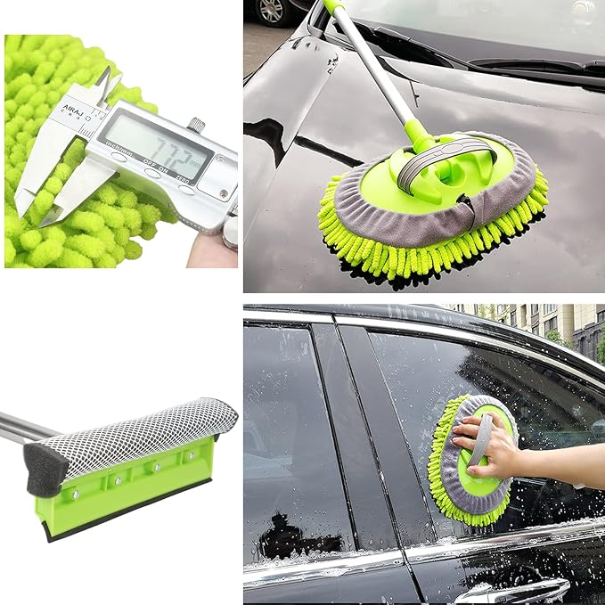 LumiMokki 62-Inch Car Wash Mop Kit with Long Handle Brush for Cars Trucks | Stainless steel pole, 2-in-1 mop-to-mitt, 8-piece kit, adjustable 18-62in, for RVs SUVs buses, scratch-free, green