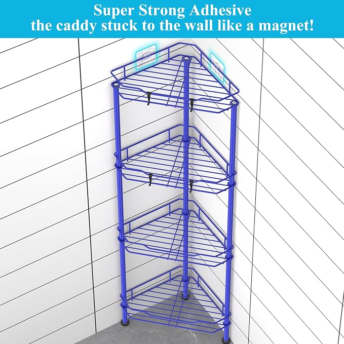 HuggieGems Metal Floor Standing Corner Shower Caddy, Dark Blue, 4 Tier | Adhesive Bathroom Organizer Shelves, Free Standing Shower Rack with Hooks, Hold Large Shampoo Bottles