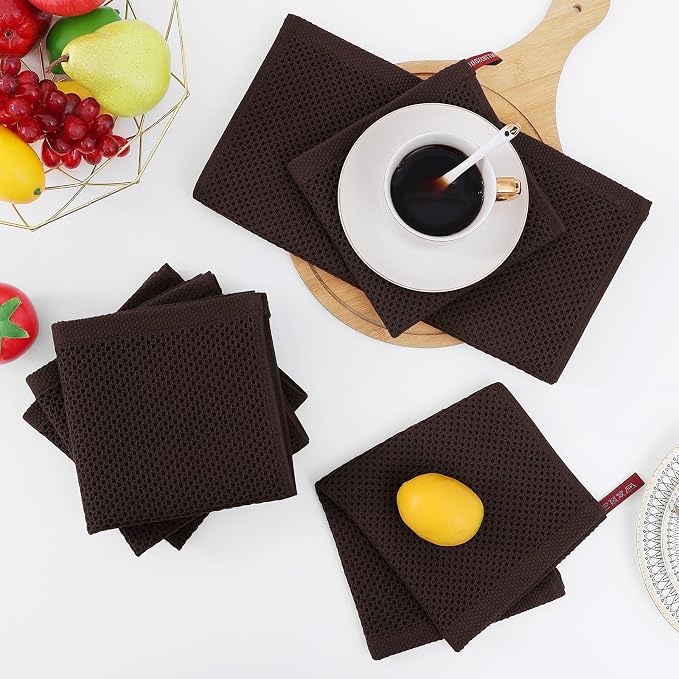 Homaxy 100% Cotton Waffle Weave Kitchen Dish Cloths 6-Pack, Dark Brown | 12 x 12 Inches, Ultra Soft Absorbent Dish Towels, Quick Drying Dish Rags with Hanging Loop