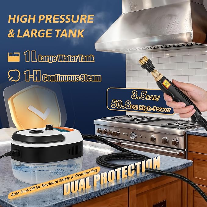 2500W Handheld Steam Cleaner, Pressurized Steam Cleaning Machine with 3 Brush Heads, 20s Heat Up, 1L Tank, Multipurpose Mini Portable Steamer for Tile, Grout, Furniture, Kitchen, Car, Home