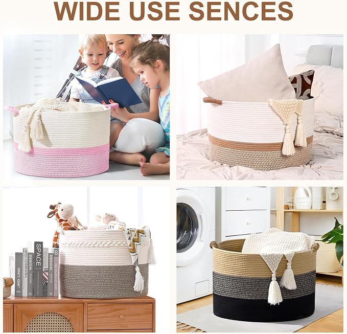 67L Large Blanket Basket, 20"x13" Woven Storage Baskets With Handle, Cotton Rope Blanket Basket Living Room, Baby Laundry hamper for Blanket, Nursery, Toy, Pillow (Brown & Black)