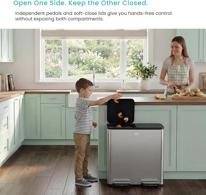 Home Zone Living 21 Gallon Large Kitchen Trash Can with Dual Compartments
