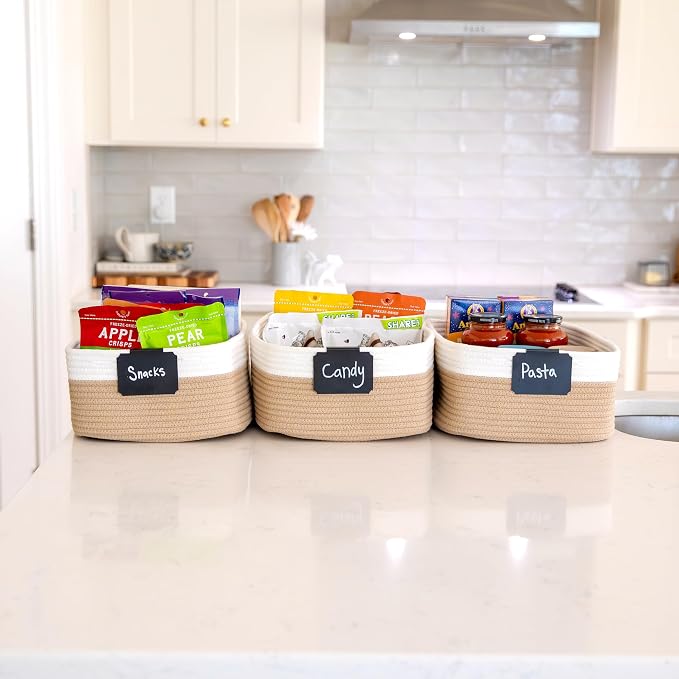 Woven Rope Baskets for Organizing, 3 Pack, 15.5 x 11 x 5.5" Storage Bins | Storage baskets and organizer bins for shelves, pantry, closet storage, toy organizer, bathroom storage, nursery, towels