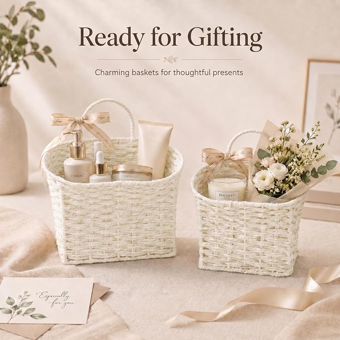 Coeusy Set of 2 Wicker Hanging Basket,Paper Roper Wall Basket,Beige White | Rattan Baskets for Front Door, Mail, Flowers,Entryway,Nursery Wall Decor Storage