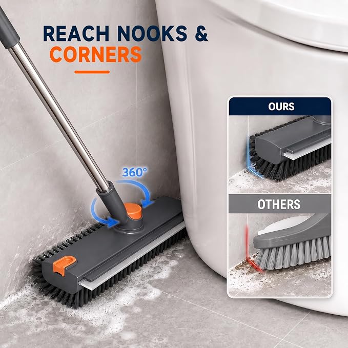 Floor Scrub Brush with Long Handle, 3-in-1 with Squeegee & Stiff Bristles | Heavy-Duty V-Shaped Bristles, 30–50 in Adjustable Handle, 360° Rotating Head & Built-In Hair Picker for Tile, Grout & Showers