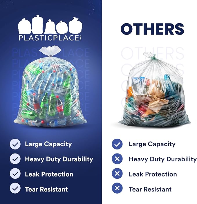 Plasticplace 55-60 gallon Trash Bags │ 1.5 Mil │ Clear Heavy Duty Garbage Can Liners │Rolls │ 38” x 58” (100Count)