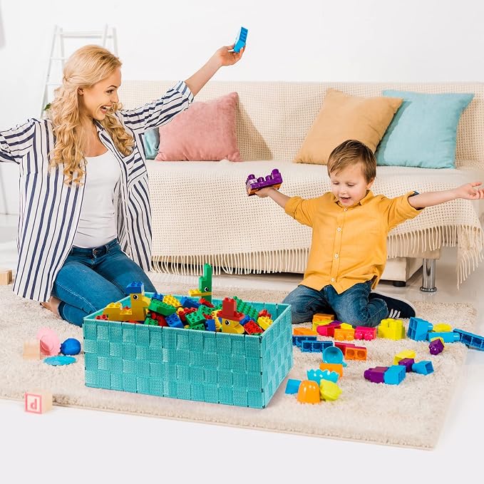 Storage Baskets: 6 Pack Stackable Woven Storage Bins, Aqua | Decorative Woven Baskets for Organizing with Built-In Handles for Shelves, Closets, Cabinets and Cubbies, Gift Small Basket