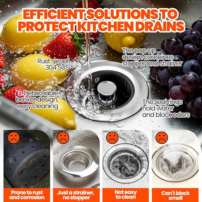 3 in 1 Kitchen Sink Drain Strainer Stopper Basket Pop Up Black | Kitchen Sink Accessories Strainer Basket 2 Pack Stainless Steel Anti-Clog Catcher, Odor-Blocking Seal Fits 3.5" Drain
