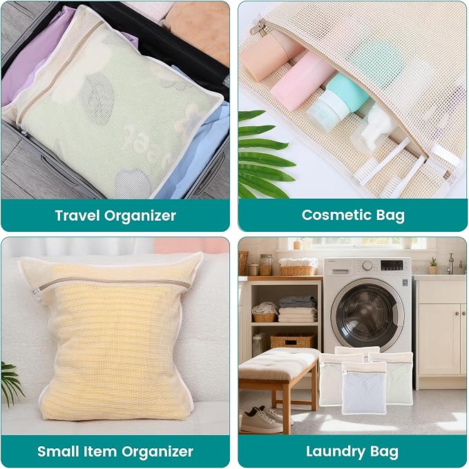 4 Pack Durable Cotton Mesh Laundry Bags for Delicates - 12×16inch Laundry Bags Mesh Wash Bags with Sturdy Zipper for Underwear Bras Socks Clothes Storage Natural Cotton Washing Machine Safe