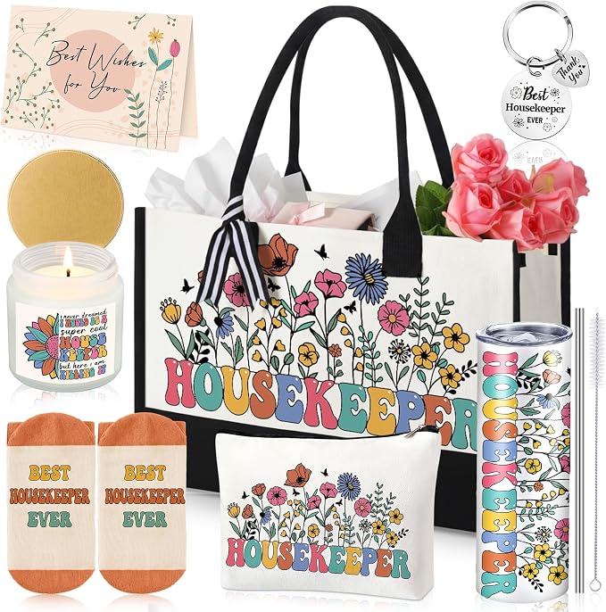 Patelai 7 Pcs Housekeeping Appreciation Gifts Housekeeping Week Thank You Housekeeper Birthday Gift Set with 20 oz Tumbler Canvas Tote Makeup for Housekeepers House Cleaner Lady Custodian Employees