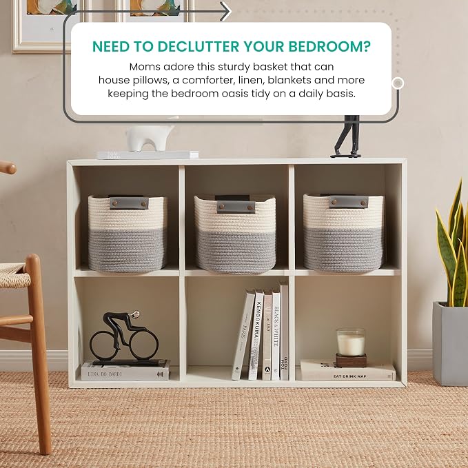 3 Pack Woven Cotton Rope Storage Basket, 15x10x9, White/Gray | Faux Leather Handles; Decorative Closet Shelf Organizer; Ideal for Storage & Organization