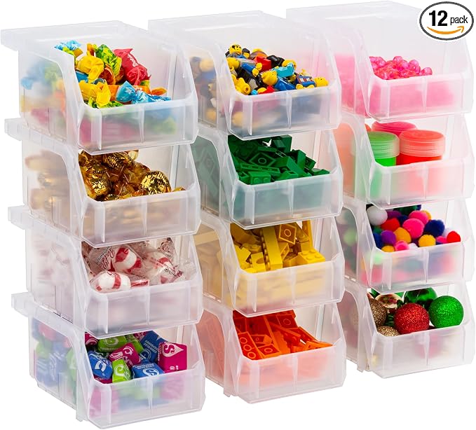 Plastic Containers for Organizing and Storage Bins for Drawers, Desks, Office Organization, and Garage, Stackable Bins, Extra-Small (3" x 5" x 4"), 12-Pack, Clear