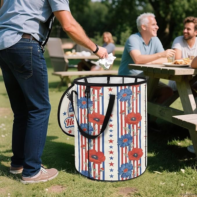 American Eagle Collapsible Trash Can for Outdoor – Heavy Duty Foldable Garbage Bin with Lid, 24 Gallon Waterproof Trash Bag Holder for Camping, RV Travel, Tailgating, Patriotic Decor