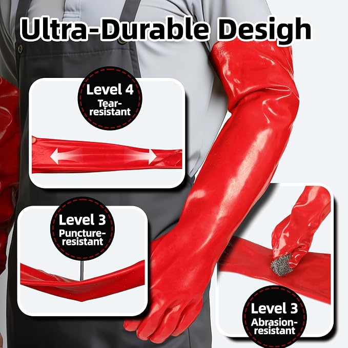 Schwer 23.5" PVC Chemical Resistant Gloves, Heavy Duty Waterproof Work Gloves Resist 212°F Boiling Water, Steam, Acid, Alkali & Oil, Long Glove for Cleaning, Dishwashing and Industrial Work, PR611