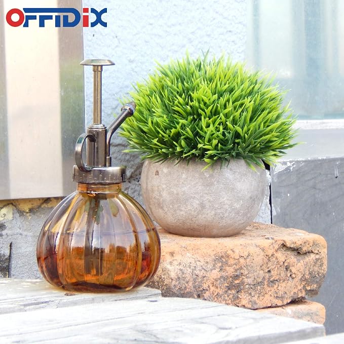 OFFIDIX Glass Spray Bottle, Brown Plant Mister Pumpkin Style Spritzer 6.7oz | Flower Spray Water Bottle, Fine Mist Vintage, Bronze Plastic Top Pump, One Hand Watering Can for Indoor Outdoor Garden Decor