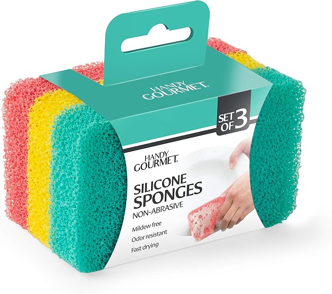 Handy Gourmet Silicone Sponges (Set of 3 Colors) Kitchen and Dish Scrubber, Fragrance, Mildew, Odor Free, Multi (JB8489S3)