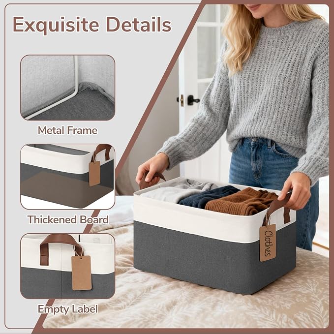 CHICVITA 4 Pack Fabric Storage Bins for Shelves, 20L Gray & White | 14.8" × 10.3" × 8.3" Collapsible Storage Baskets for Toys, Clothes & Books, Fits Nursery & Living Room Organization