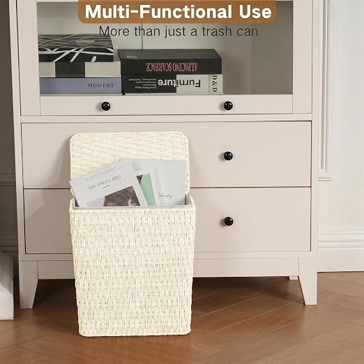 iEGrow Paper Rope Trash Can,Bathroom Trash Can with Lid, 3 Gallon Wicker Waste Basket with Removable Liner, for Bedroom, Living Room, Toilet, Under Sink Creamy White