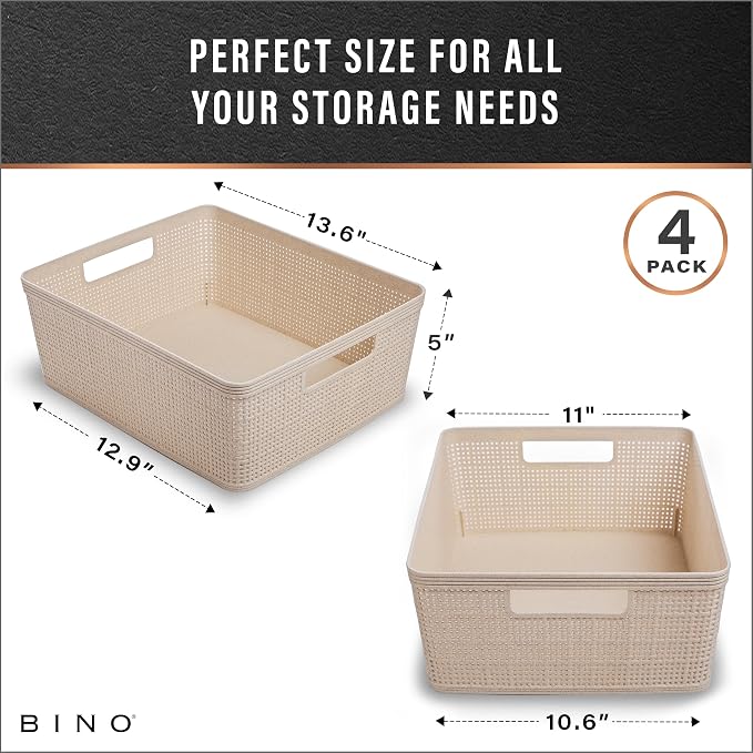 BINO - Woven Plastic Basket, Medium (Natural), 4-Pack, The Jute Collection, Home Organization, Space-Saving Storage, Stylish Design, Jute Basket