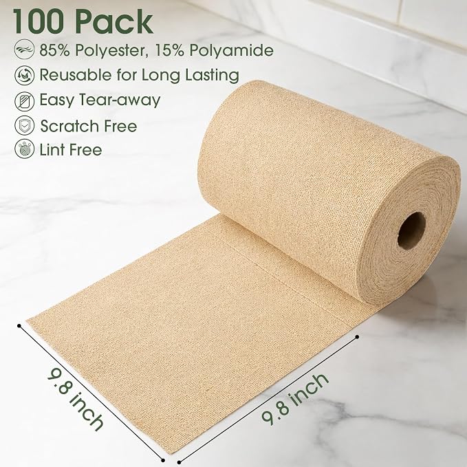 Reusable Microfiber Cloth Roll - 100 Pack, 12"x12" Washable Tear-Away Towels. Fits Paper Towel Holders. Lint-Free & Streak-Free Rags for Kitchen, Glass, Cars, Electronics (Wheat Beige)