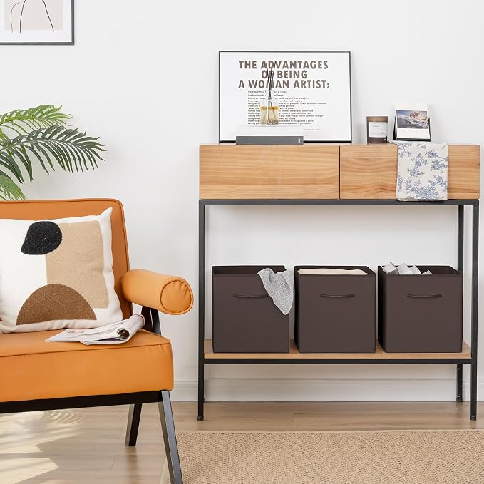StorageWorks 11in Leather Storage Cubes, Cube Organizer Bins, Brown, 4-Pack | Reinforced Handle & Front Panel, Faux Leather Front, Non-woven Fabric, Collapsible, Space-Saving, For Closet, Bedroom, Office