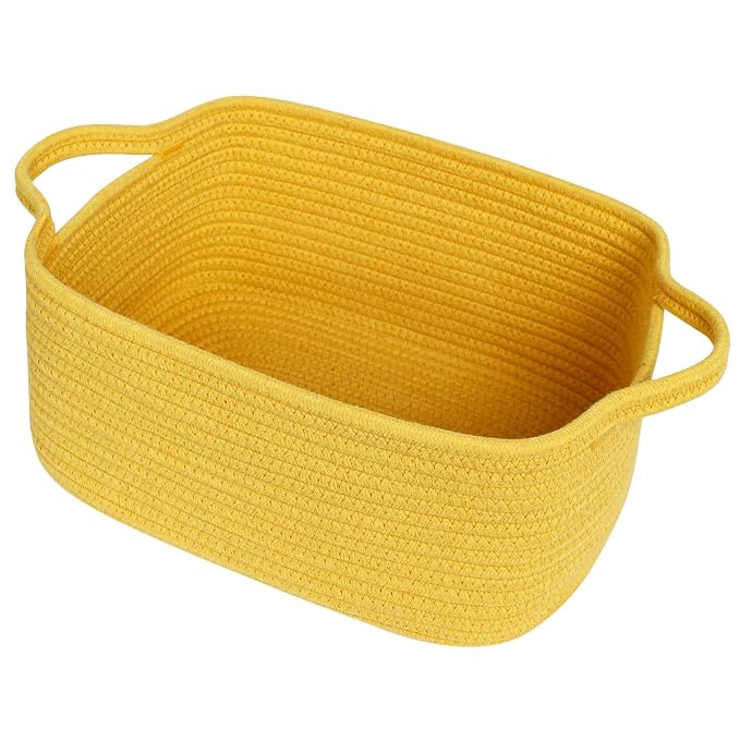 Cute Yellow Gift Basket, Woven Baskets for Gifts Empty, Cotton Rope Storage Bin for Organizing, Cat Dog Toy Box, Baby Nursery Organizer, Wicker Easter Basket with Handle, Yellow Room Decor