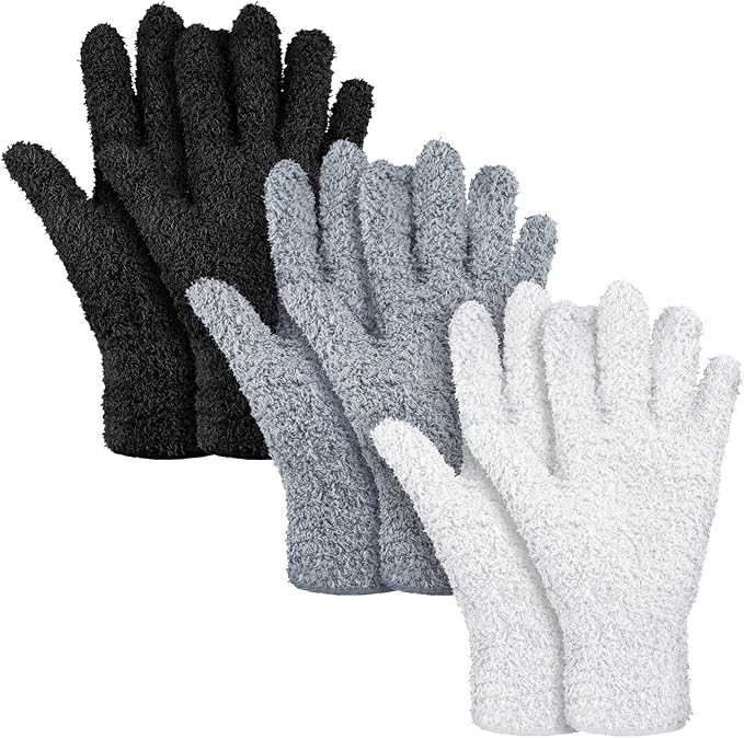 Patelai 3 Pairs Microfiber Dusting Gloves for Plants Leaf, Medium | Black, White, Gray,Plant Cleaning Gloves, Reusable Washable Gloves,House Furniture Blinds Dusting