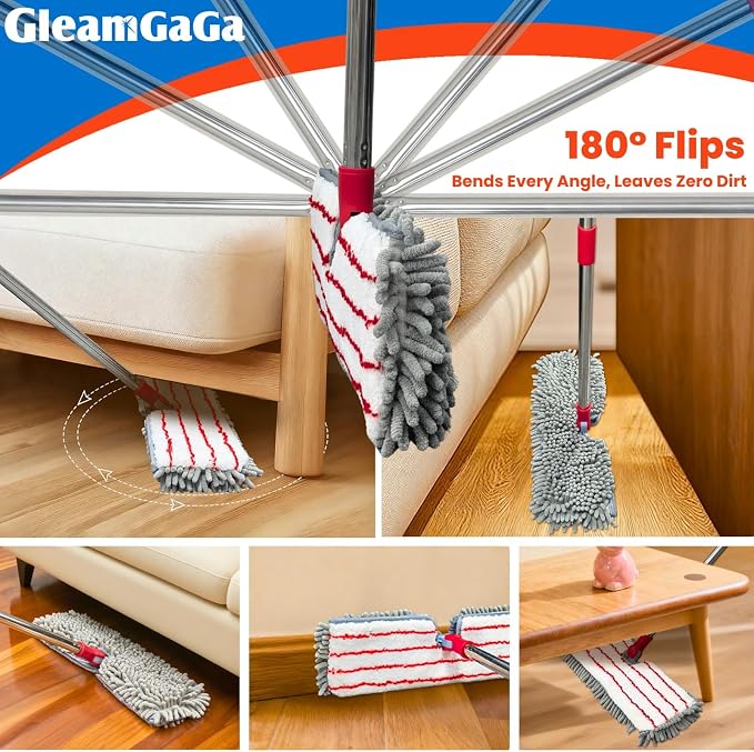 Microfiber Dust Mop for Hardwood Floor Cleaning, Laminate, Tile & Marble | 4 Washable Mop Pads, Dual-Sided Flip Mop, Wet & Dry Use, 62" Long Handle, Built-In Pad Cleaning Scraper