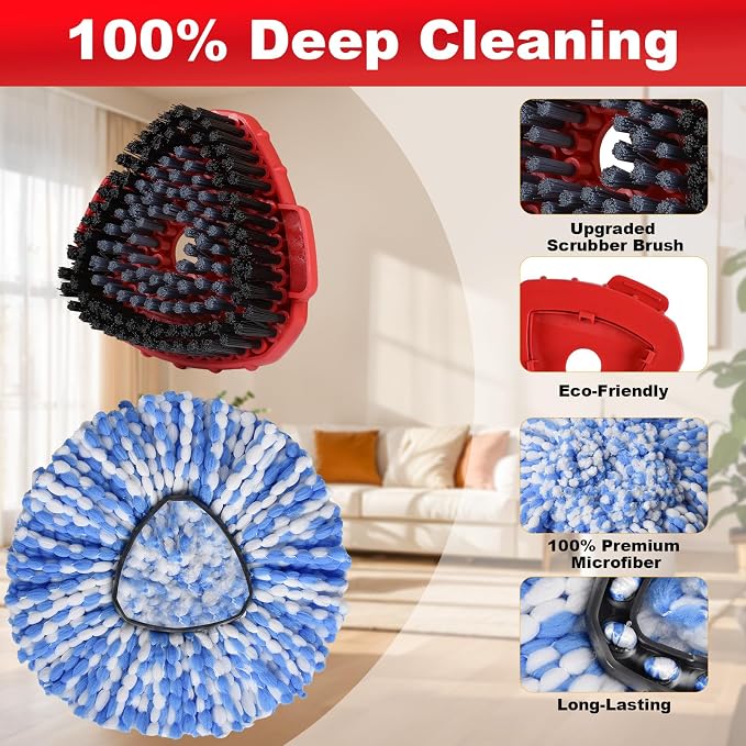 Spin Mop Replacement Head Set for O Ceda Mop RinseClean 2-Tank System | Include 3 Pack Mops Heads Replacements + Scrub Brush + 30-58" Handle & Base, Microfiber Mops Head Floor Mop Refill Kit