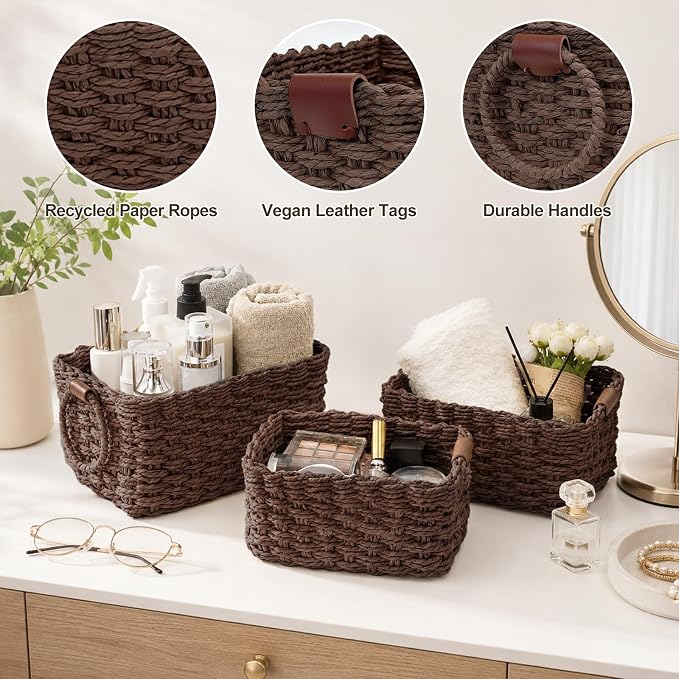 Paper Rope Storage Baskets Set of 3, Handwoven Decorative Wicker Organizer Bins with Handles for Shelves, Bathroom, Closet & Pantry, Soft Woven Nesting Storage Basket Set (Dark Brown)