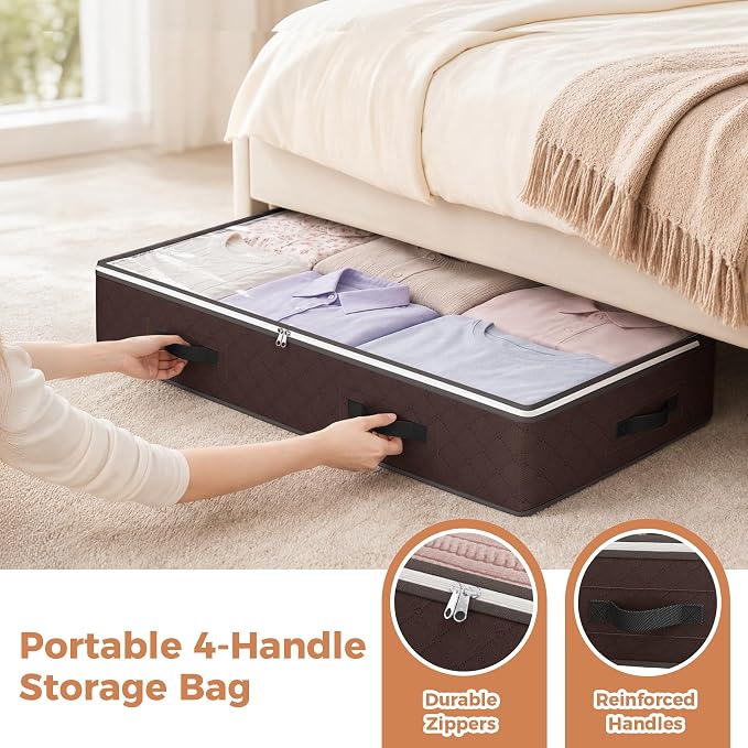 Budding Joy 6 Pack 95L Under bed Storage Containers Brown | Underbed Storage Bags for Blankets, Towels, Comforter, Sweaters, Linen Sheets, Wrapping Paper