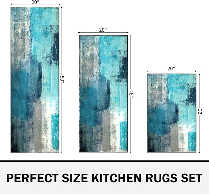 TOMWISH Teal Grey Abstract Art Kitchen Mat Turquoise Kitchen Rugs Sets 3PCS | 20"X32"+20"X48"+20"X59"Kitchen Mats for Floor Washable Non-Slip Kitchen Floor Mats Decor Dining Room Office
