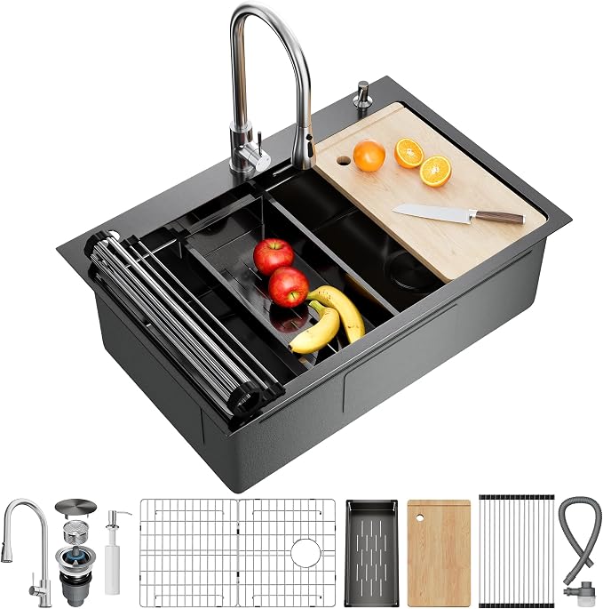 CAMMOO 33X22 Drop In Kitchen Sink, Nano 304 Stainless Steel Black Sink | Pop-Up Drain, Workstation Sink, Upgraded Fast Drain, Topmount Single Bowl with Accessories, Foldable Grid for Easy Cleaning