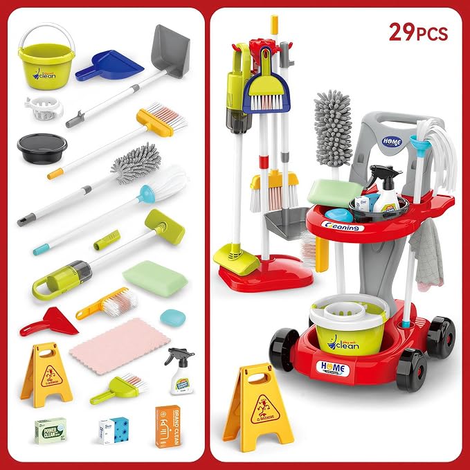 Toddler Cleaning Toy Set,New 29 - with Vacuum Cleaner,Broom & Mop,Ages 3-5 | Piece Detachable Kids Cleaning Set for Kids - for Pretend Play Educational Cleaning Carts Boy and Girls 3-5 Years Old（Red）