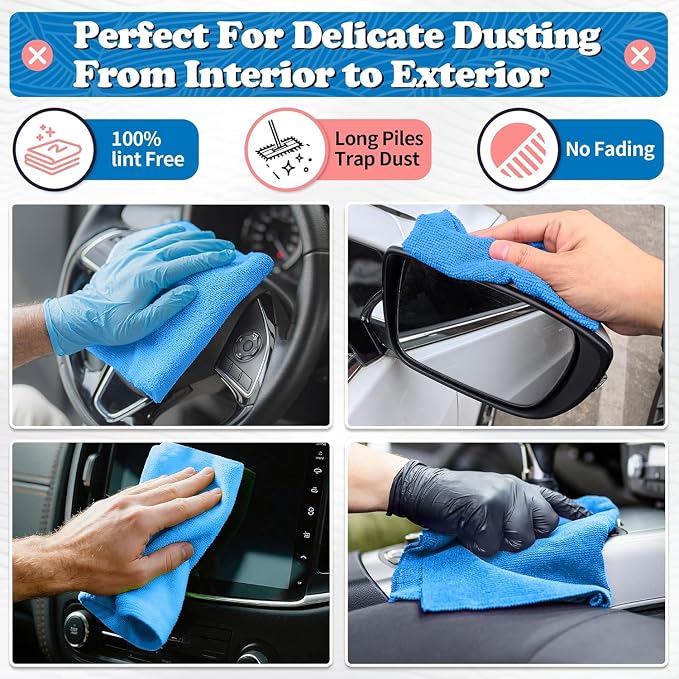 Microfiber Cleaning Cloth, Shop Towels Bulk, 24 Pack Blue Microfiber Towels for Cars, All-Purpose Absorbent Cleaning Rags, Dust Cloth for Automotive, Mechanic, Garage, Bar, 12 x 11 inch