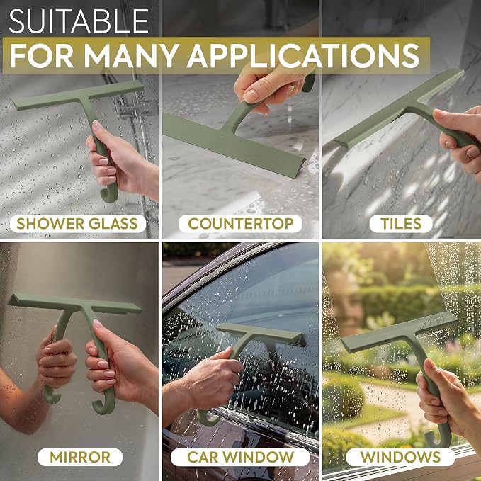 Shower Squeegee for Glass Doors, 10″ Green with No-Drill J-Hook | Hang Anywhere Without Adhesive, Seamless One-Piece Silicone, Encased Steel Core, Streak-Free Shower Squeegee for Glass & Tile
