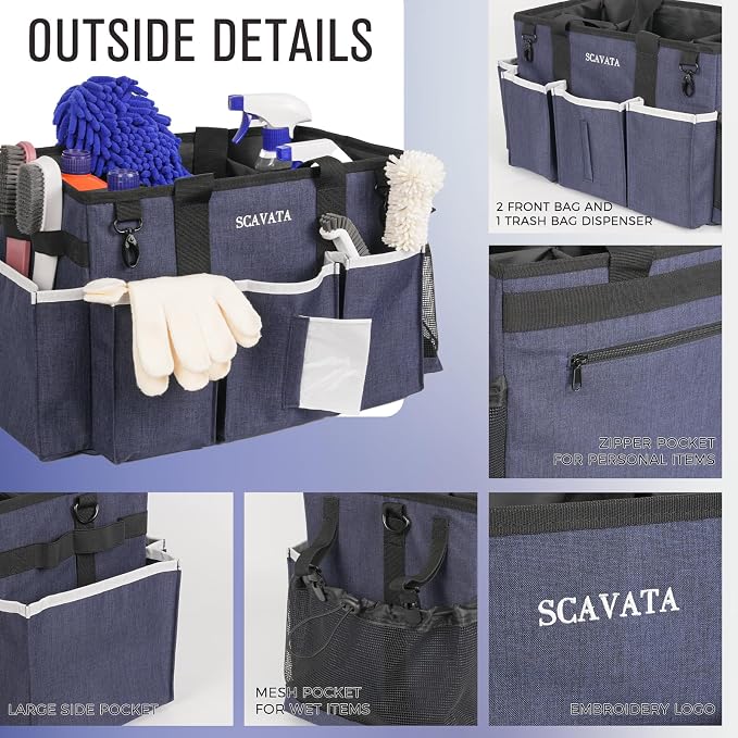 SCAVATA Wearable Caddy Bag, Cleaning Supplies Organizer With Handle & Shoulder Straps for Housekeepers, Under Sink & Car Tool Organizers With 4 Foldable Divider (NavyBlue)