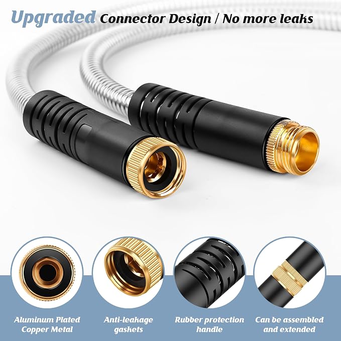 Metal Garden Hose 50FT with 10-Function Nozzle, No-Kink Water Hose | Metal Hoses with Leak-proof Connectors, Lightweight, Puncture-proof, Pet-proof, Sturdy, 550PSI, Hose for Outdoor, Yard