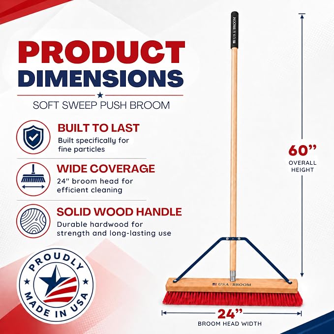 4-Pack - 24" Soft Sweep Indoor Push Broom with 60" Handle. Ideal for Epoxy & Polished Floors. Durable American Made Steel Brackets-Stainless Steel Hardware. No Plastic. 100% USA Made