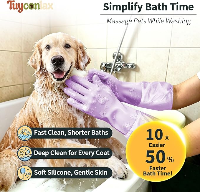 Long Sleeve Dog & Cat Washing Gloves, Pet Bathing Grooming Tool (Purple)