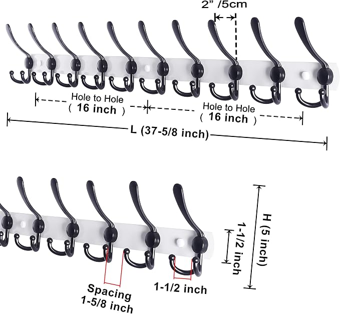 Dseap Coat Rack Wall Mount - 38” Long 10-Tri-Hooks Heavy Duty Coat Hanger Rail Wall Hooks for Hanging Coats Hats Clothing Clothes Purse Mudroom Entryway, White/Black