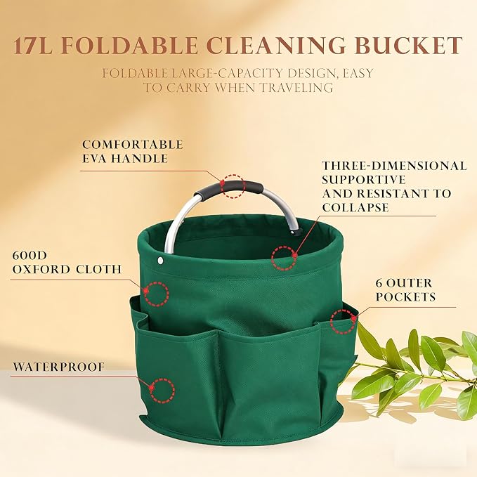 17L Waterproof Cleaning Supply Caddy 600D Foldable Storage Basket Green | Oxford Fabric Garden Tool Organizer Bag+6 Pockets Multifunctional Organiser Mop Bucket for Bathroom, Garden,Camping& Fishing