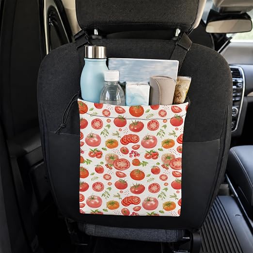 Red Tomato Fruit Car Trash Bag Hanging for Back Seat | Rustic Botanical Canvas Drawstring Car Garbage Bag with Adjustable Buckle Vehicle Trash Can
