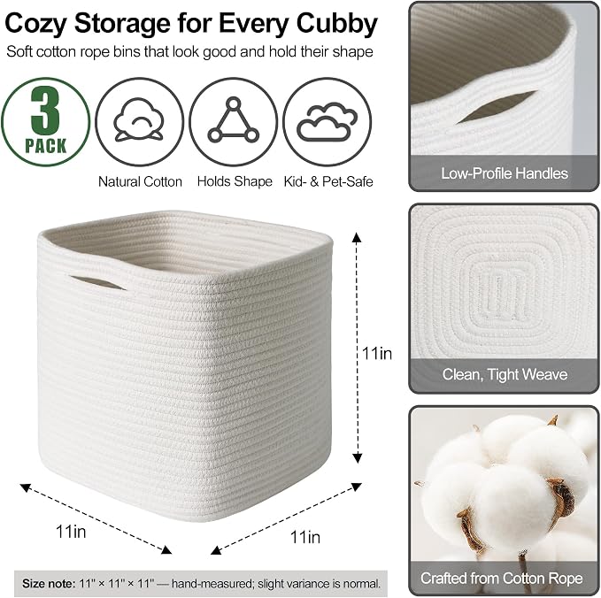 11x11x11 Cube Storage Bin - 3 Pack Woven Storage Cubes Organizer, 11 Inch White Cotton Rope Baskets for Organizing, Square Baskets for Shelves, Nursery Closet Bins, Cubby Toy Box Organizer