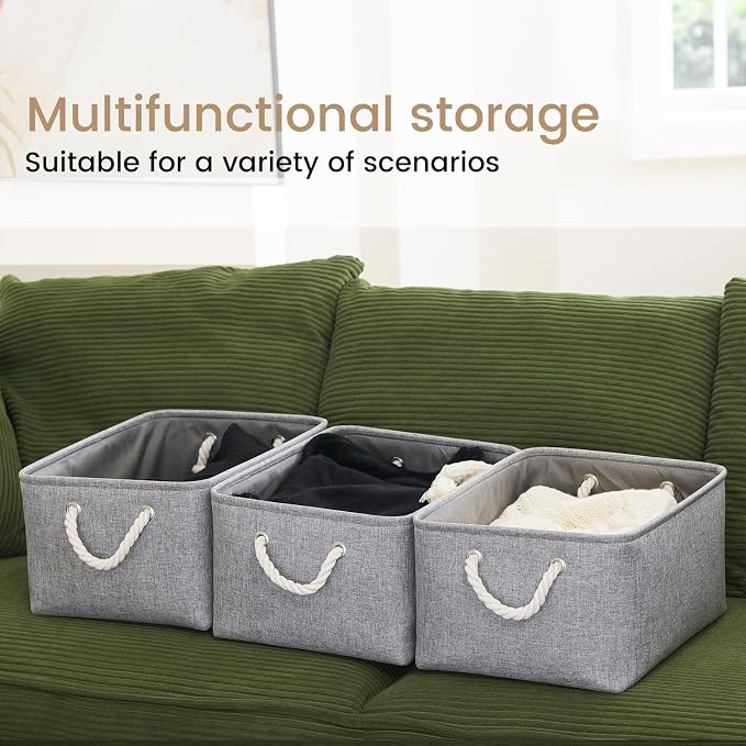 15.7x11.8x8.26 Inch Fabric Large Storage Bins with Handles 6 Pack | Foldable, Sturdy Metal Strand, Cardboard Support Molding, Fabric Storage Baskets for Shelves, Closet, Bedroom, Gray