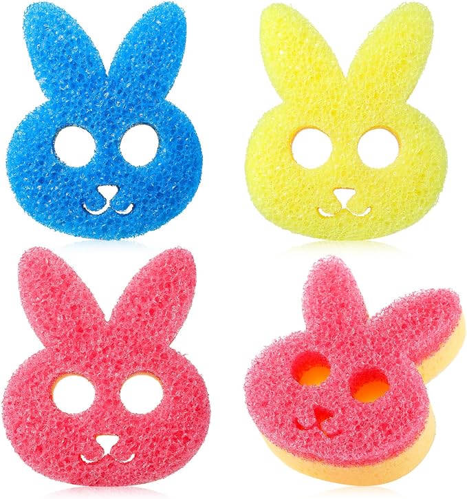 FillTouch Rabbit 3 Pcs Scrub Sponge, Pink, Yellow, Blue | Soft Non-scratch Cat Sponge, Dual Sided, Temperature Sensitive, Easy Clean, Multi Functional Sponge for Kitchen, Bathroom