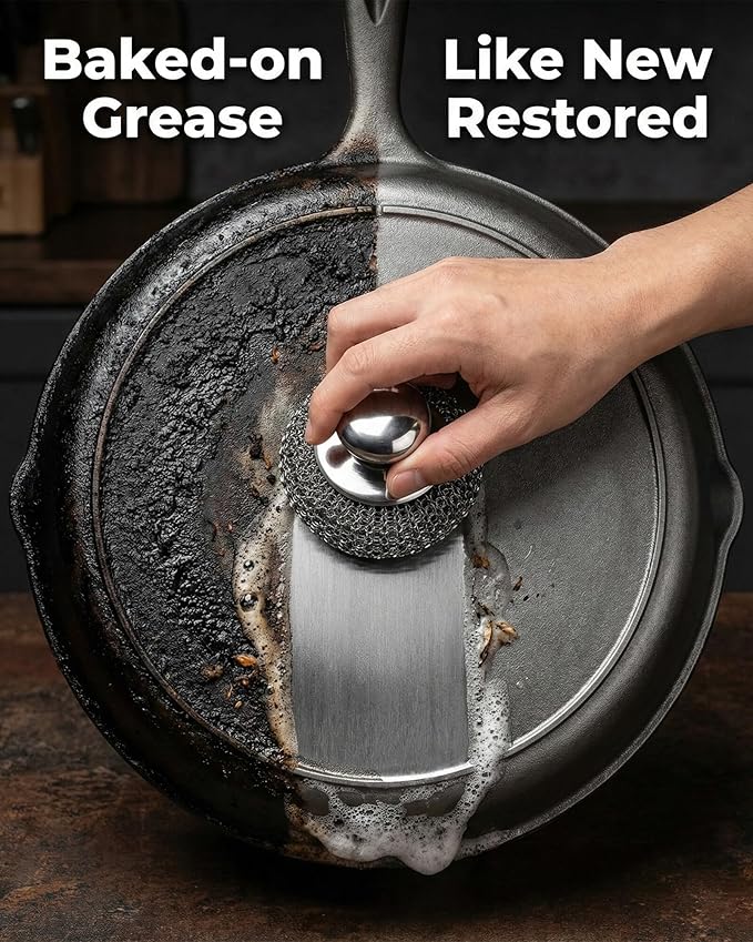 8 Pcs Steel Wool Scrubbers with 2 Pcs Handle,Stainless Steel Scouring Pads for Cast Iron Skillets, Grill & Kitchen Pots - Rust Resistant, Non-Splintering Heavy Duty for Tough Grease