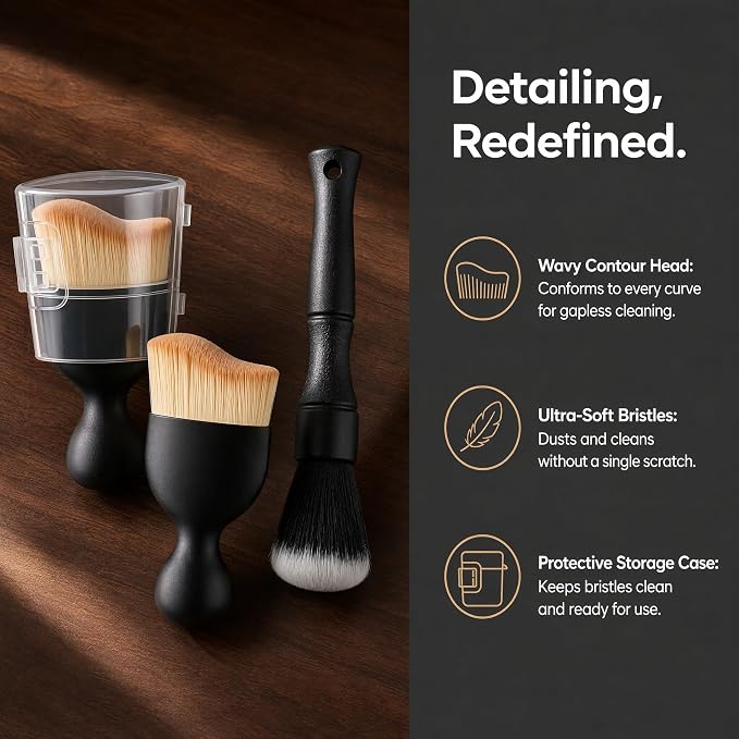 3-Piece Car Interior Detailing Brush Set, 2 Brown Soft Bristle Brushes and 1 Long-Handled Black Dusting Tool with Protective Case for Dashboard, Air Vents, Console, Crevices, Seats, Car Accessories